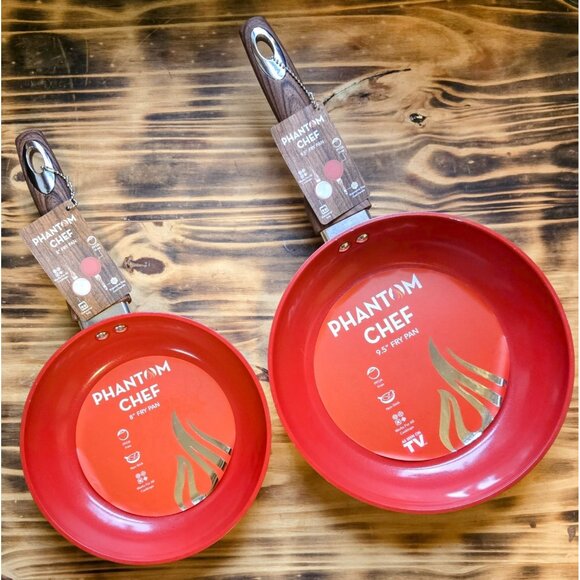 Phantom Chef Aluminum Fry Combo Pan Set Wood Handle Collection Red 8" and 9.5" - Picture 1 of 7
